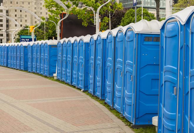 portable restrooms with sink and hand sanitizer stations, available at a festival in Beacon Falls